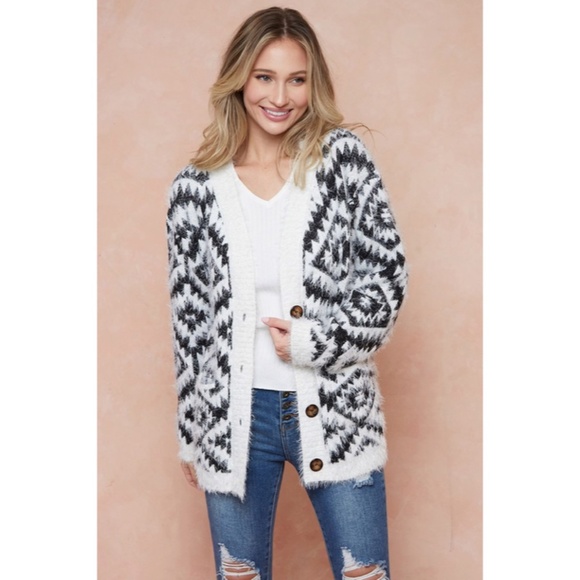 SOLD OUT Ivory & Black Fuzzy Soft Eyelash Aztec Tribal Button Up Knit Cardigan - Picture 7 of 9